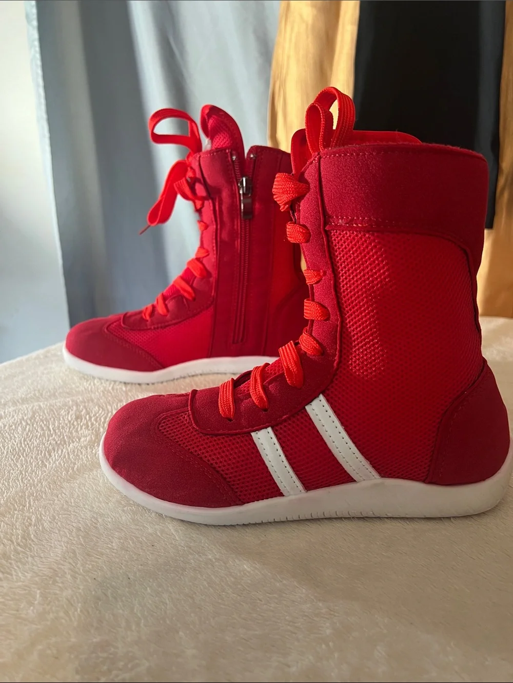 Kids Red High-Top Lace-Up Boots with Side Zipper